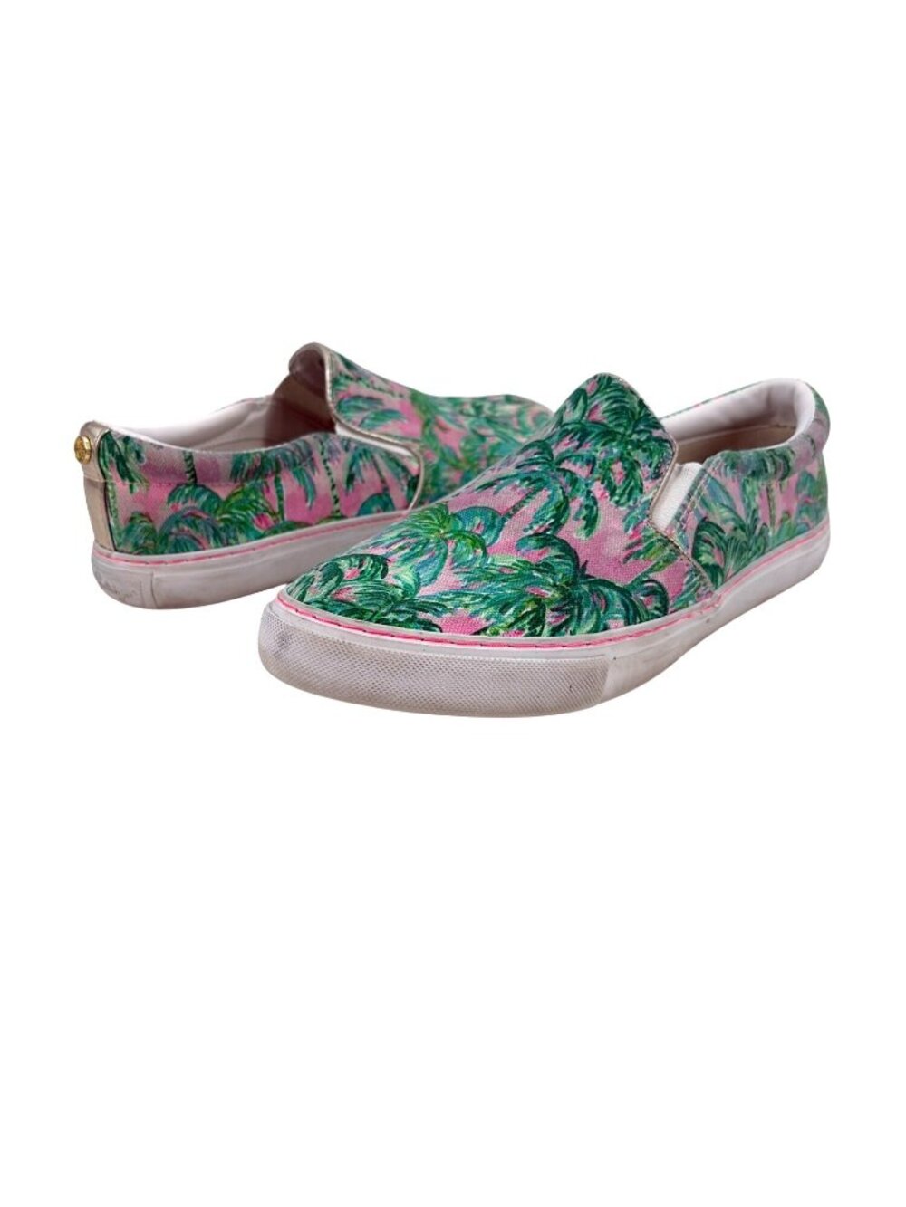 Lilly Pulitzer Julie Print Slip-On Sneakers Pink Green Tropical Palm Womens 8.5